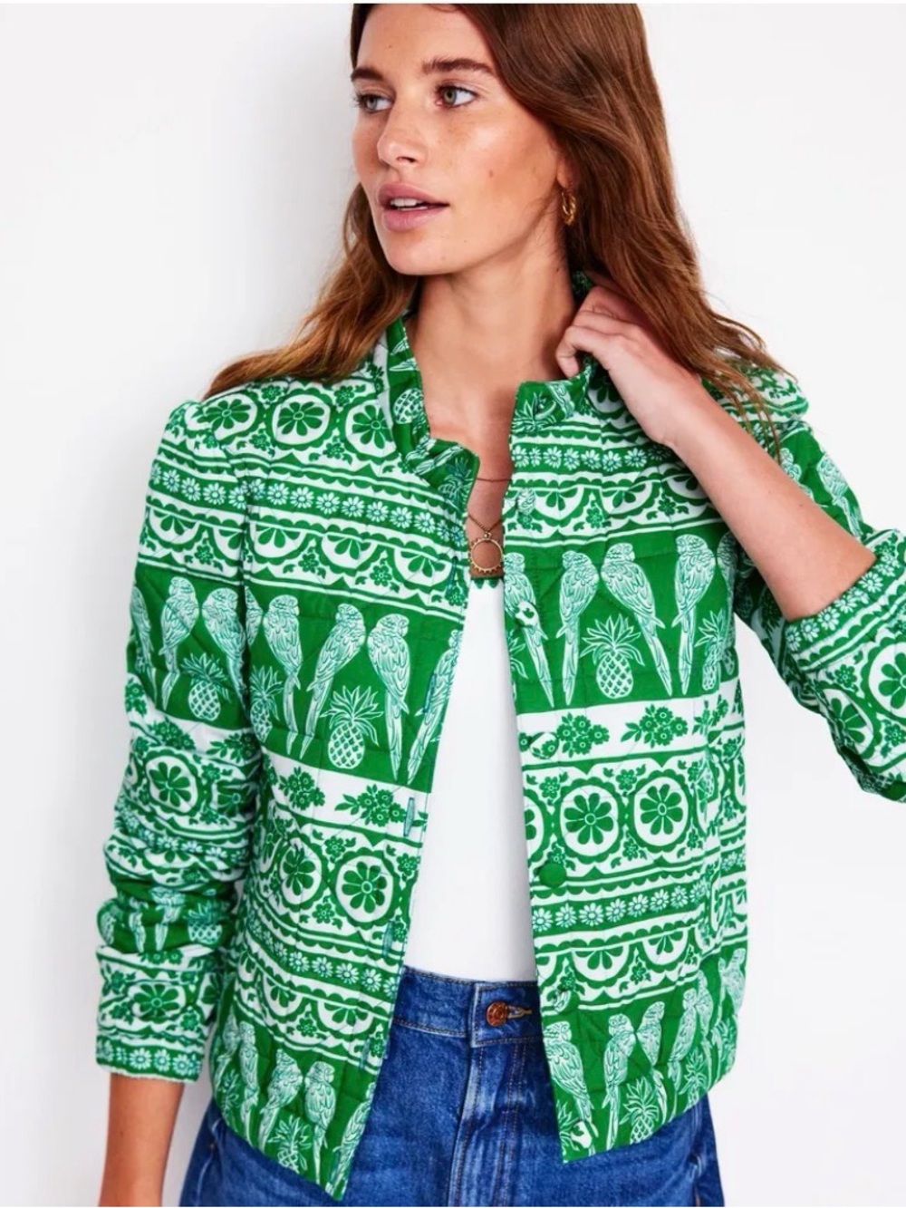 Boden Highbury Quilted Jacket Green and White Sz 22 Tropical Print Pockets